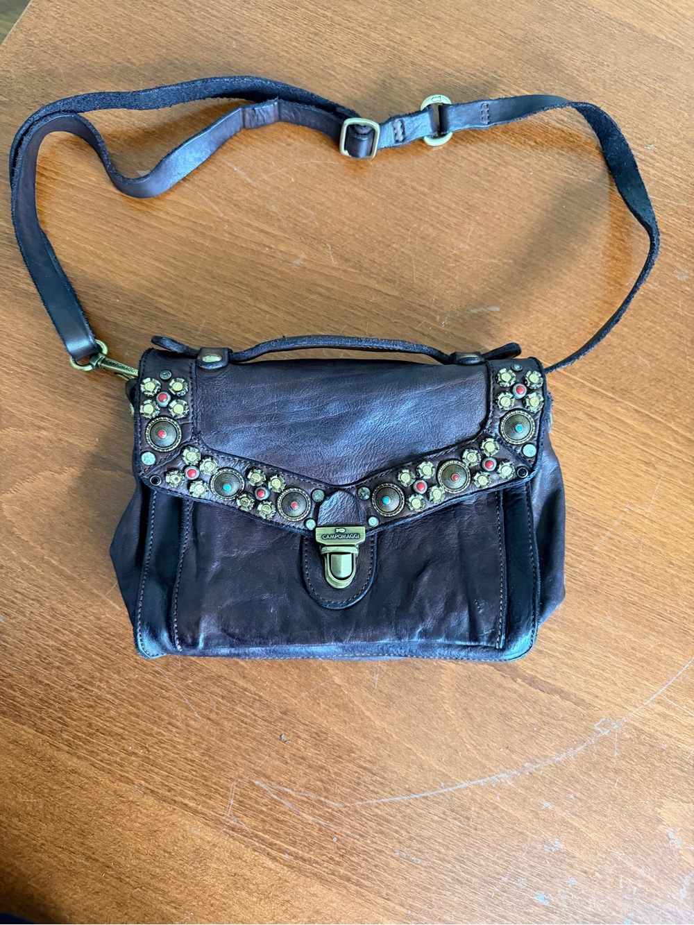 Campomaggi Dark Brown Leather Crossbody with Multicolored Stud Embellishment
